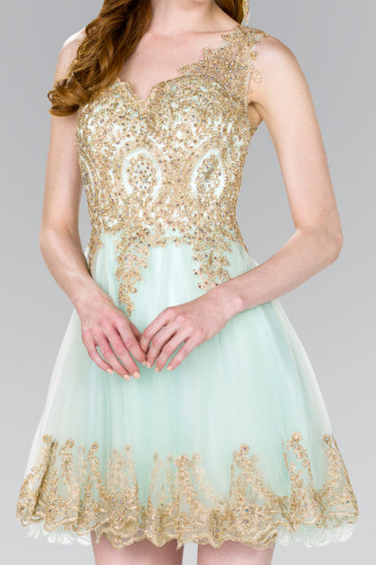 Tulle Short Dress Accented with Gold Lace