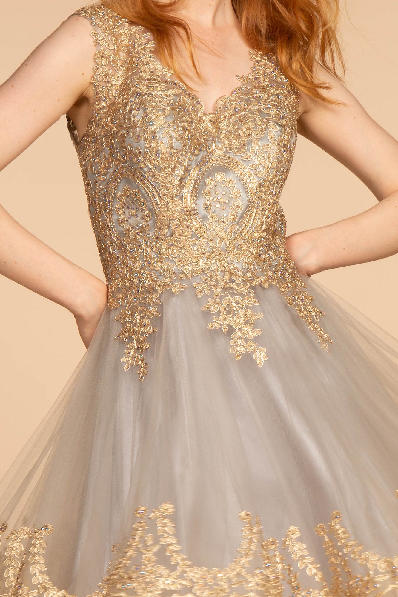 Tulle Short Dress Accented with Gold Lace