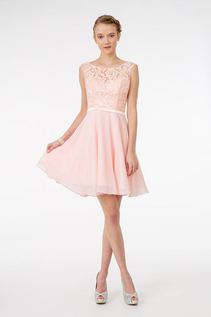 Lace Embellished Bodice Chiffon Short Dress