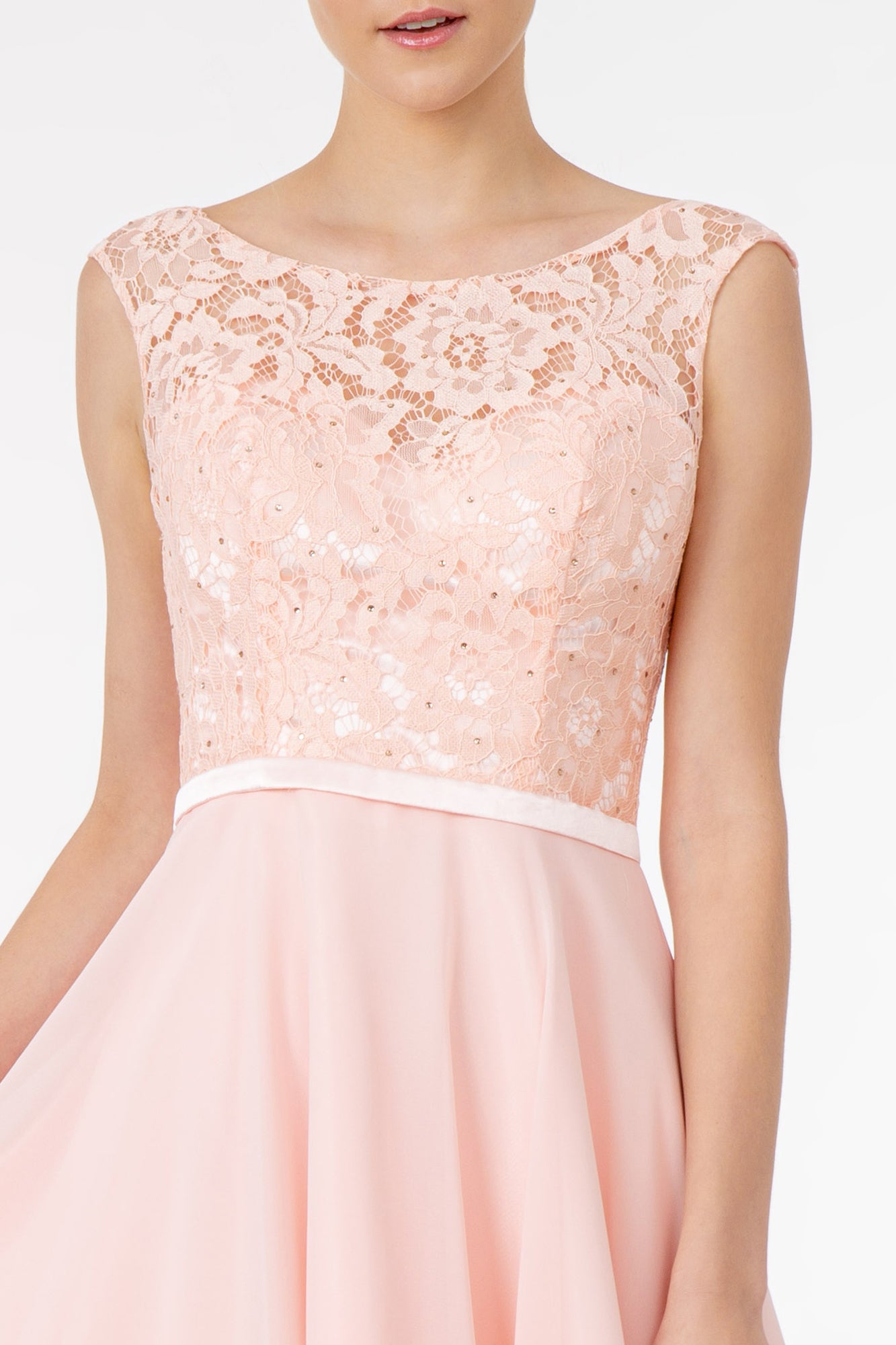 Lace Embellished Bodice Chiffon Short Dress