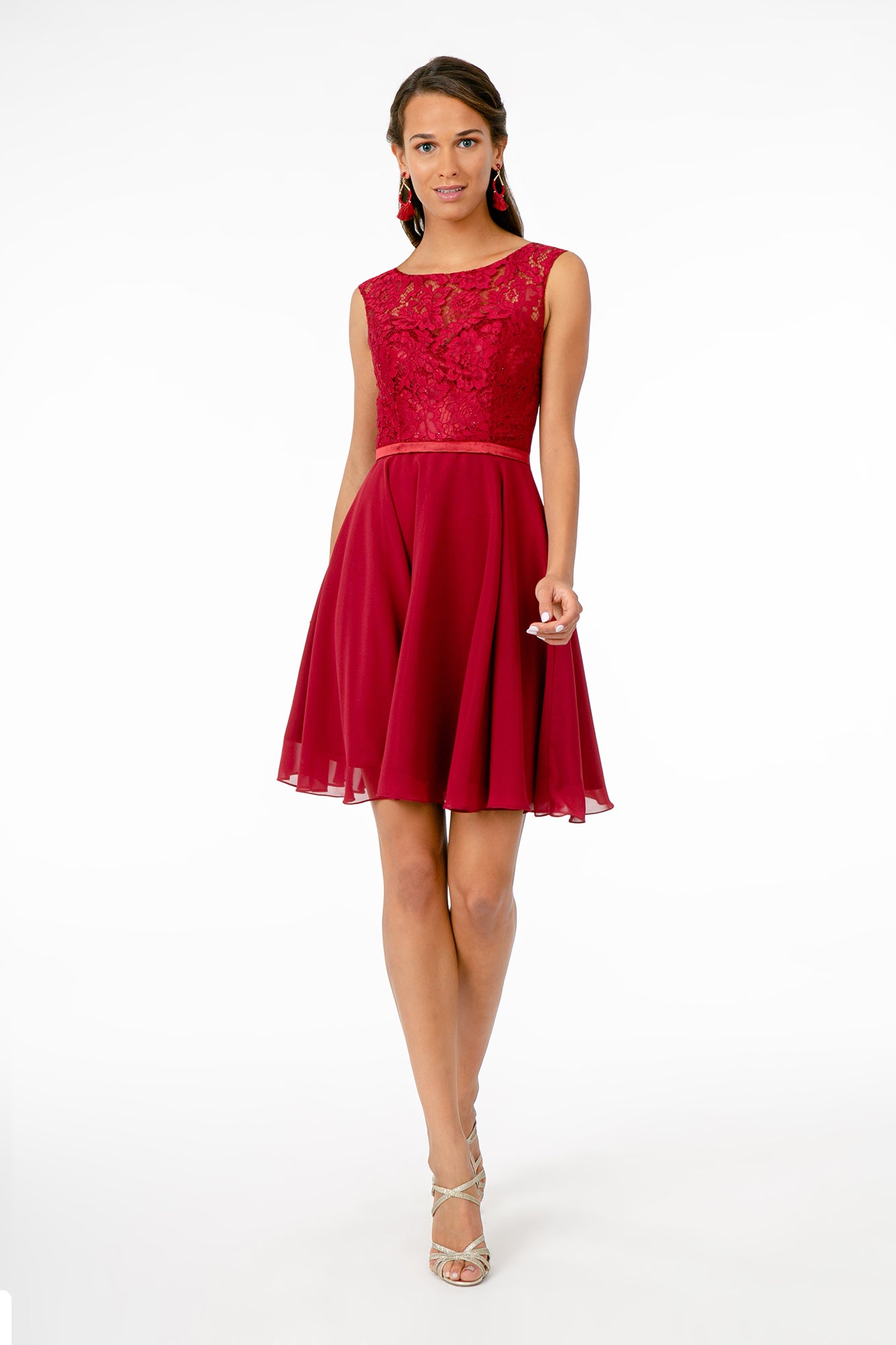 Lace Embellished Bodice Chiffon Short Dress