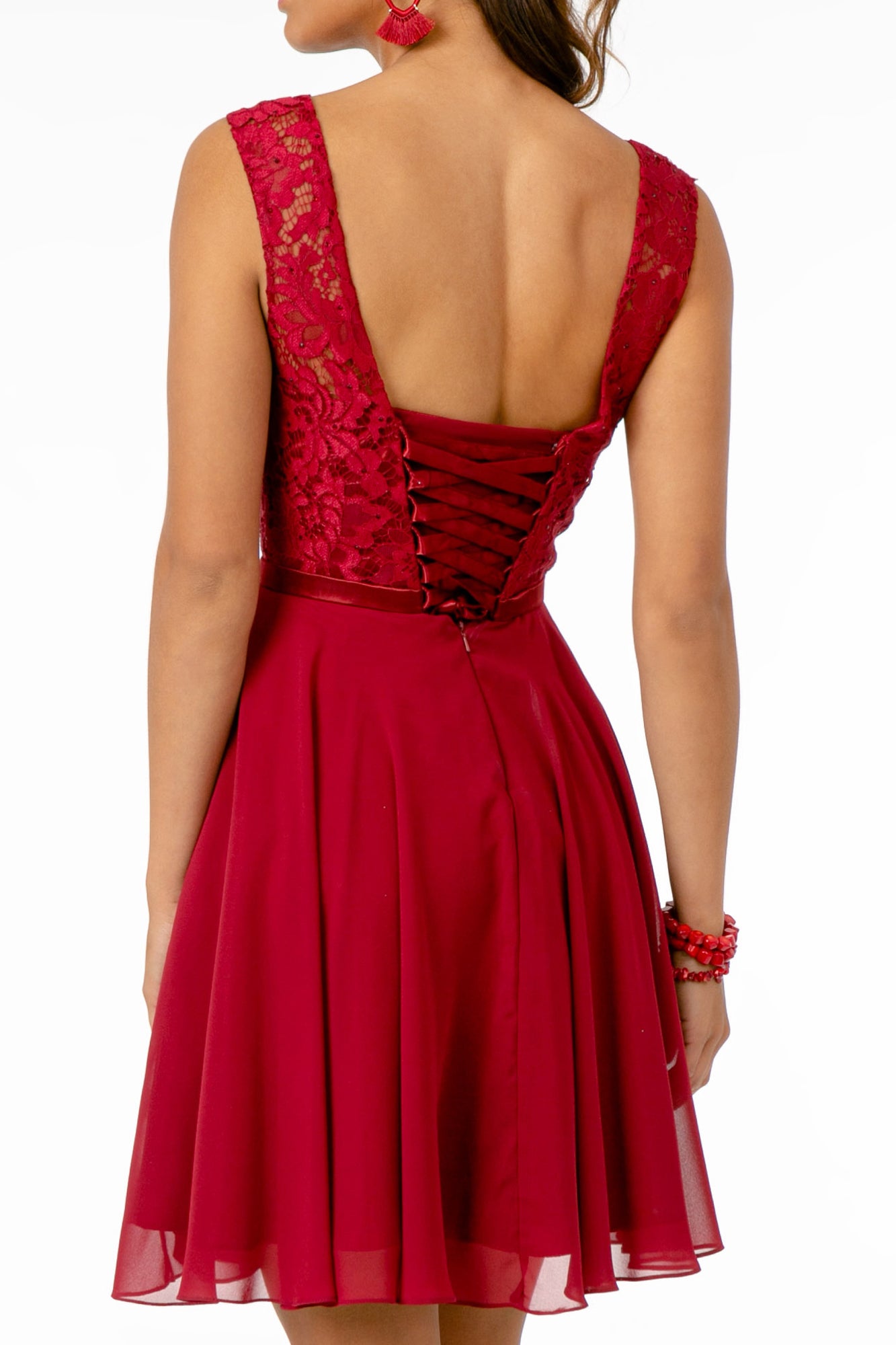 Lace Embellished Bodice Chiffon Short Dress