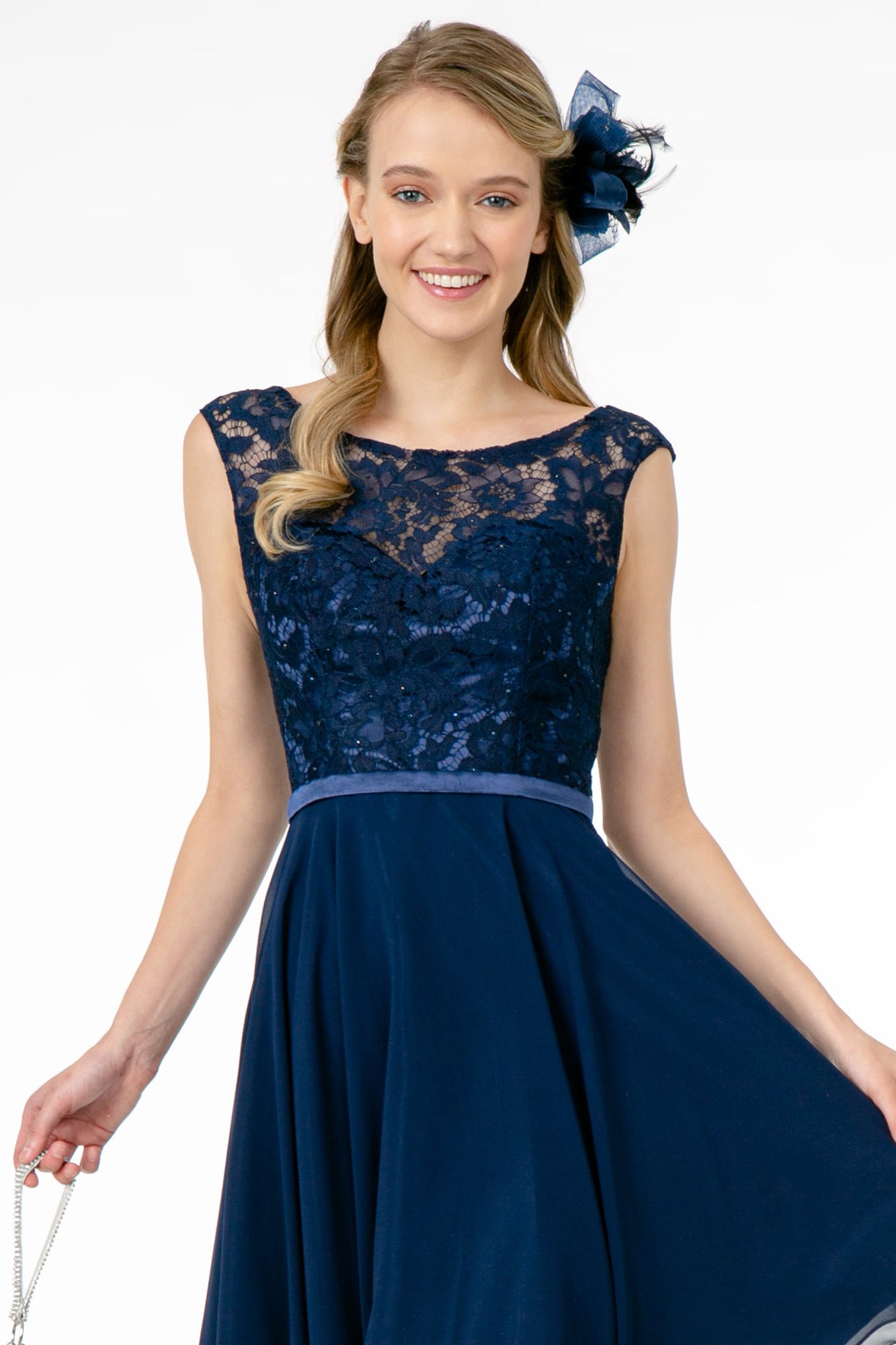 Lace Embellished Bodice Chiffon Short Dress