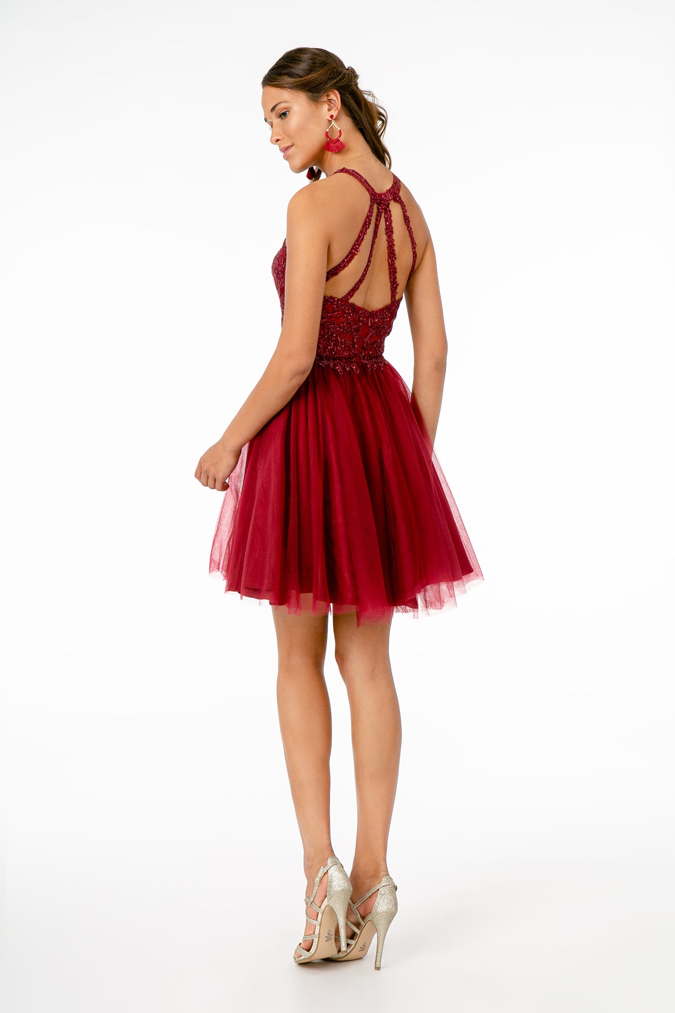 Jewel Embellished Embroidery Tulle Short Dress w/ Strap Back