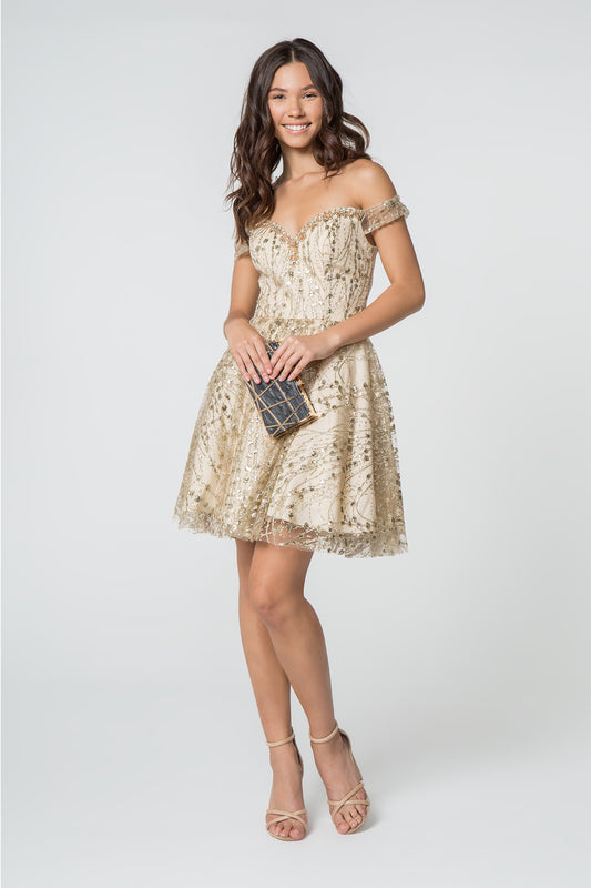 Jewel and Sequin Embellished Glitter Mesh Short Dress