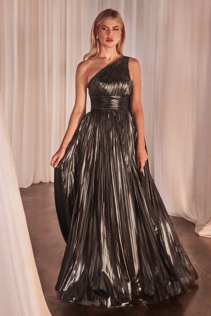 One Shoulder Metallic Pleated A-Line Dress