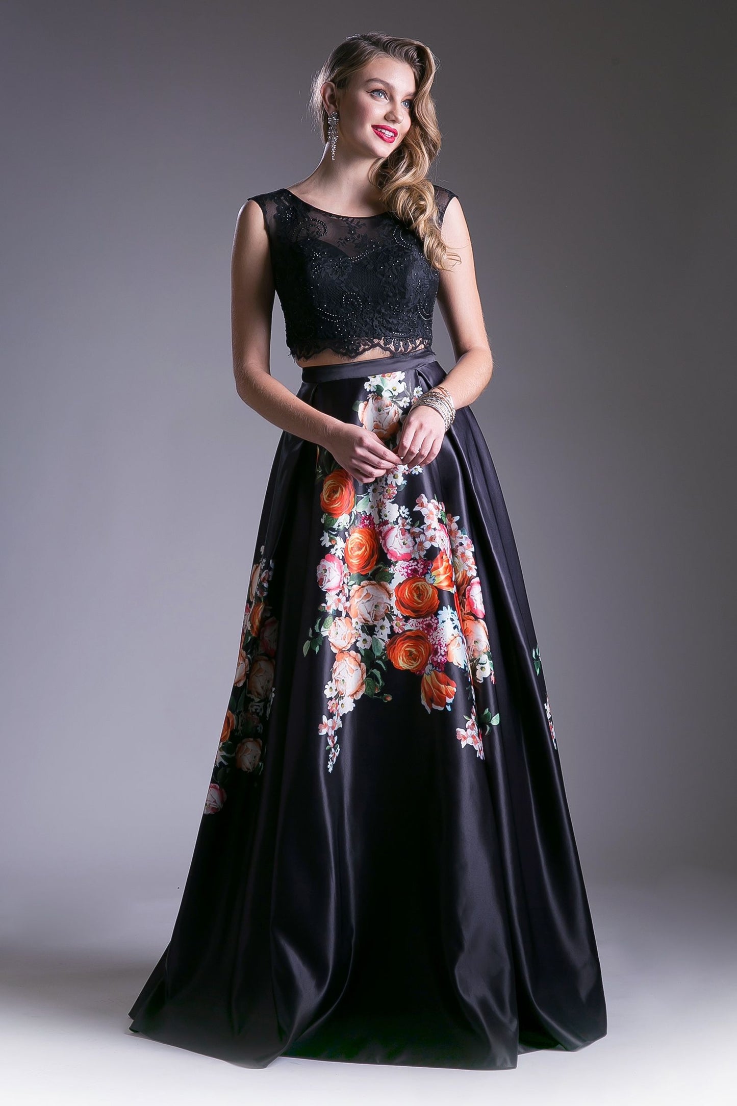 Beaded Lace 2 Piece Floral Satin Ball Gown