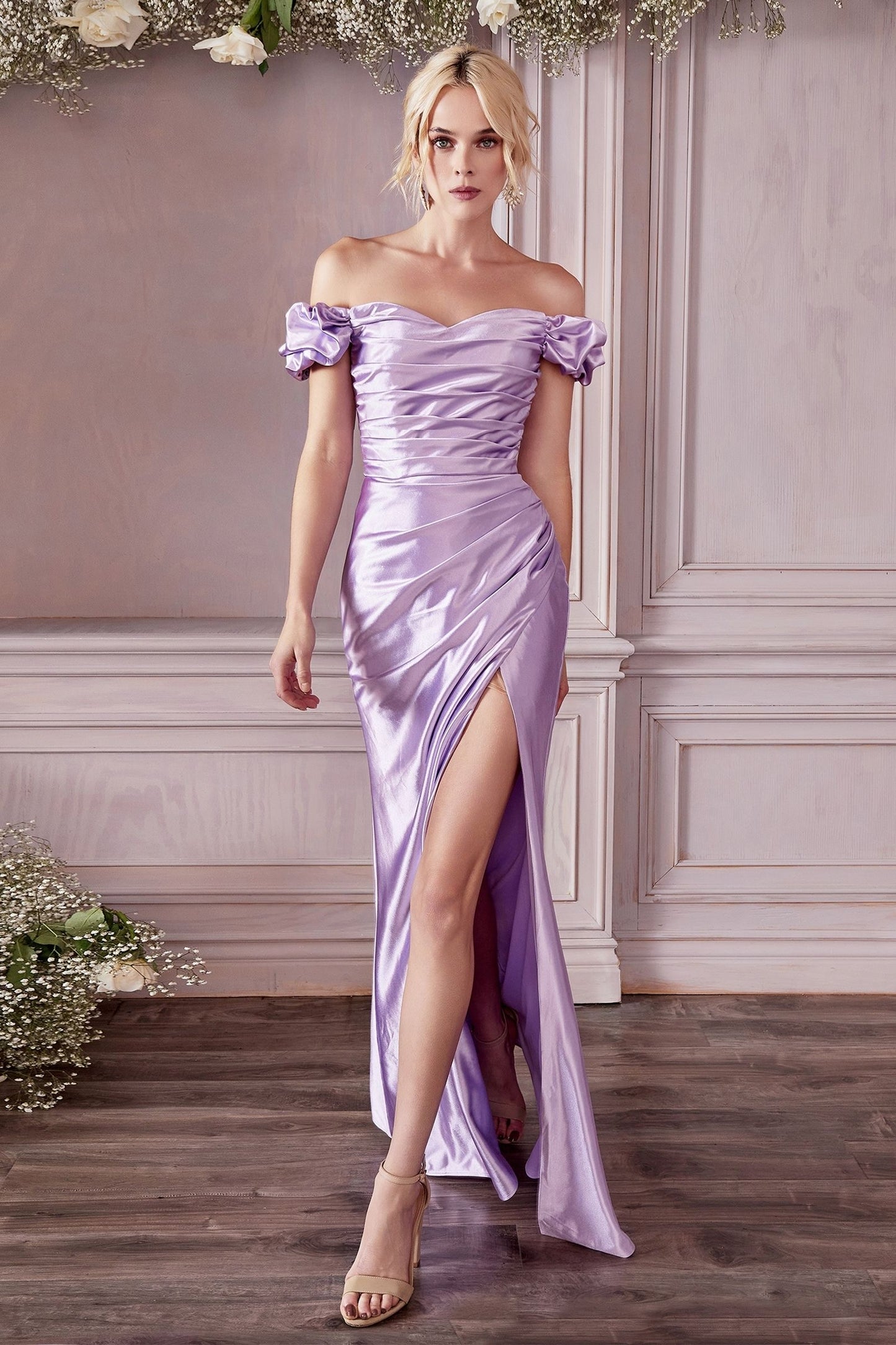 Fitted Gathered Satin Gown