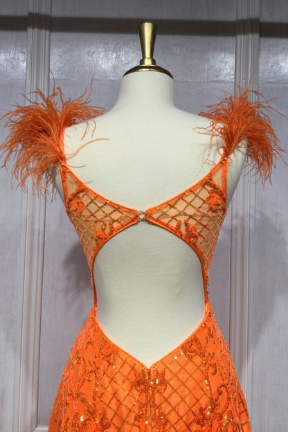 Neon Orange Ball Gown With Feathers