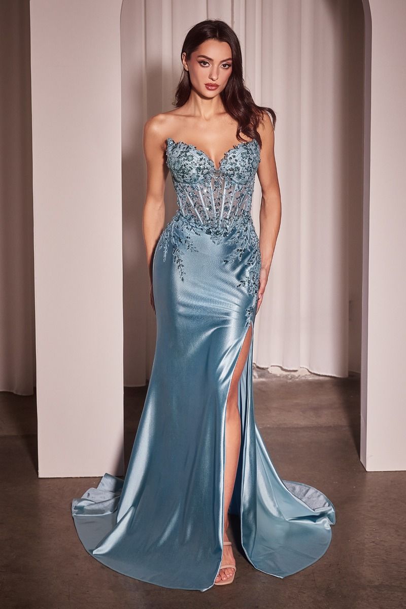 Satin & Lace Strapless Fitted Gown