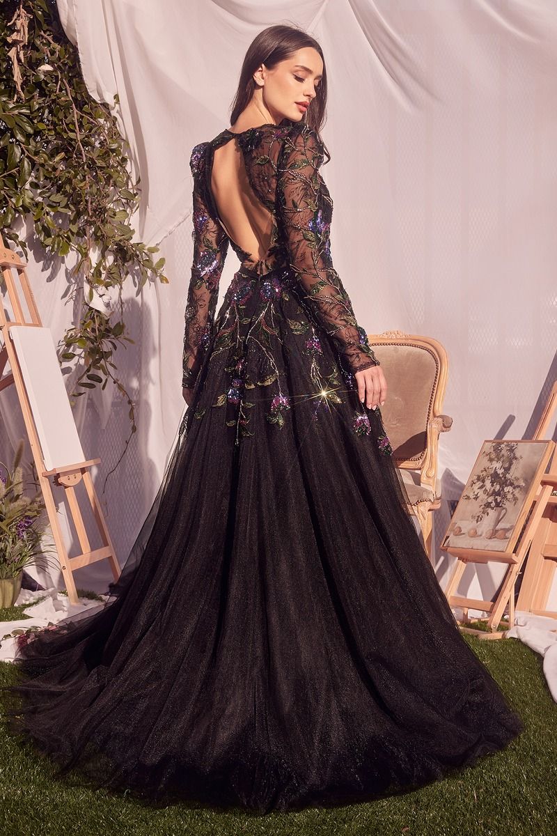 Long Sleeve Black Embellished Ball Gown