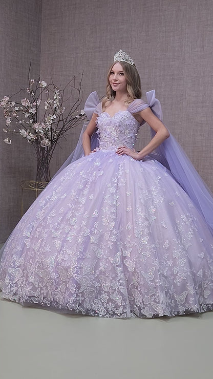 Jewel Glitter Quinceanera Gown w/ Long Mesh Layer and Ribbons