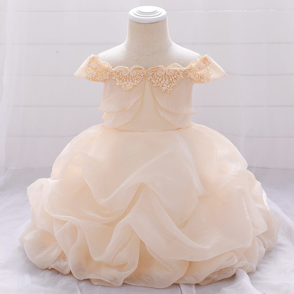 Baby Girl Solid Color One Shoulder Design Tutu Formal Dress Baptism Birthday Dress