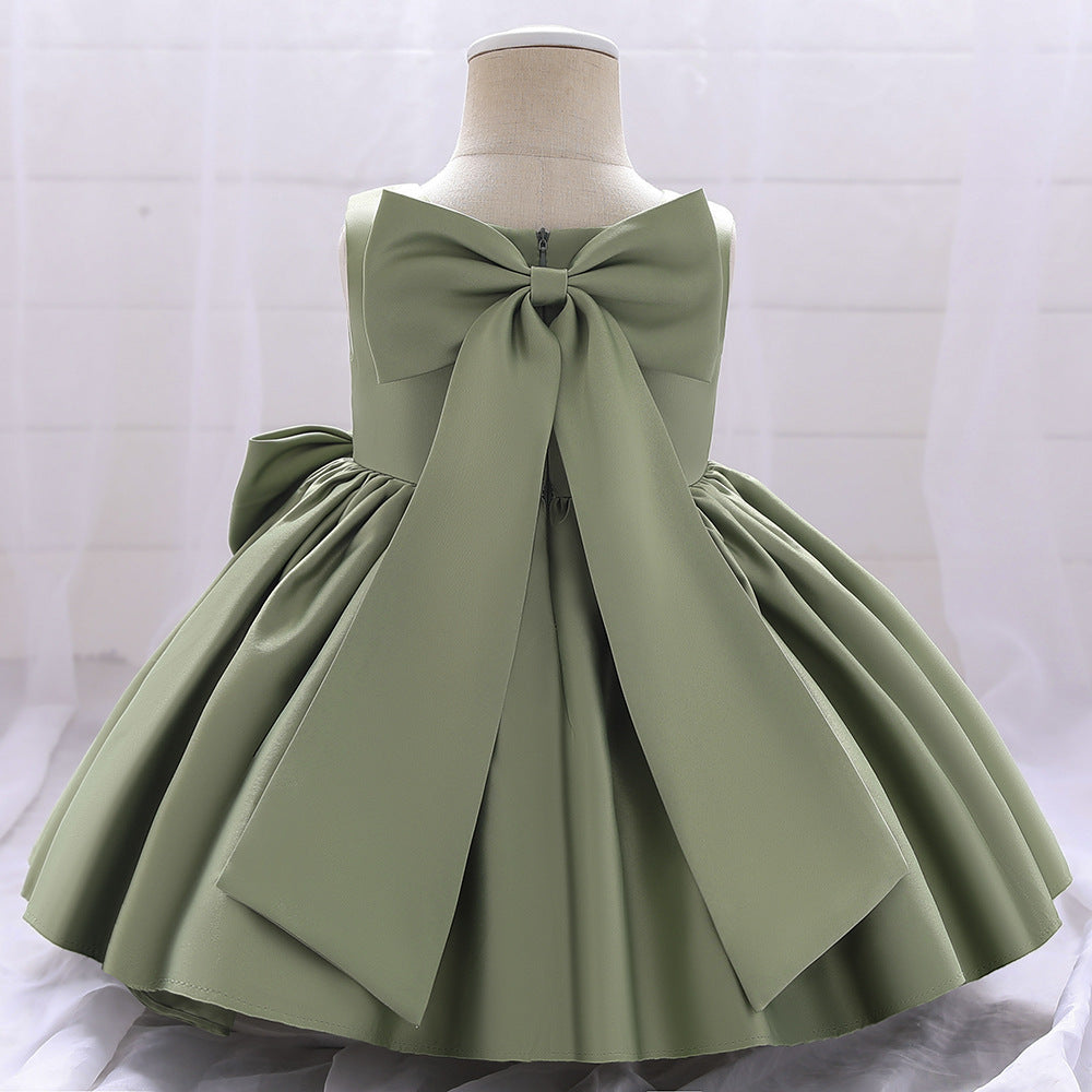 Baby Girl Solid Color Bow Patched Design Sleeveless Western Style Satin Dress