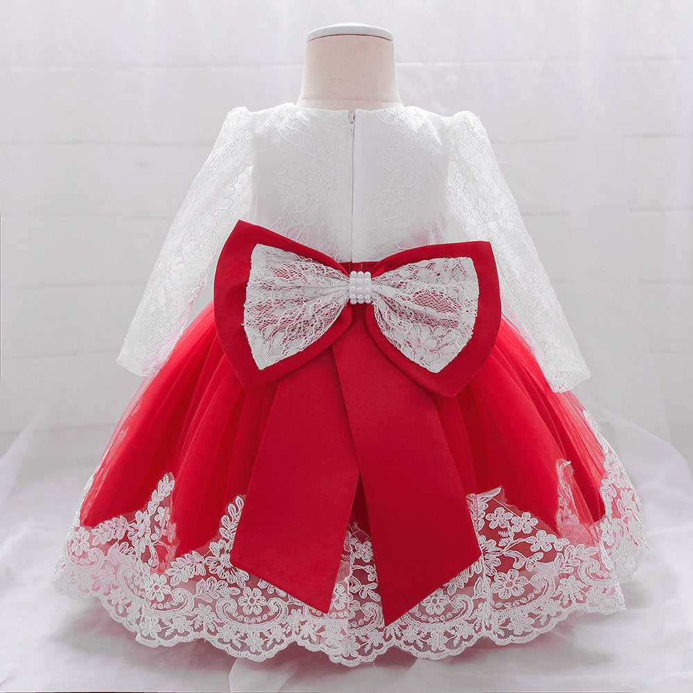 Baby Girl Bow Patched Design Long Sleeves Full Moon Christening Mesh Formal Dress