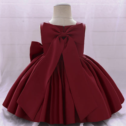 Baby Girl Solid Color Bow Patched Design Sleeveless Western Style Satin Dress