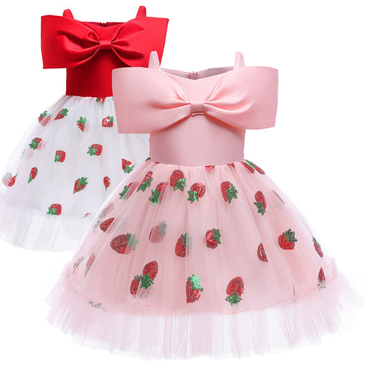 Baby Girl Strawberry Sequins Pattern Bow Tie Design Sling Tutu Formal Dress