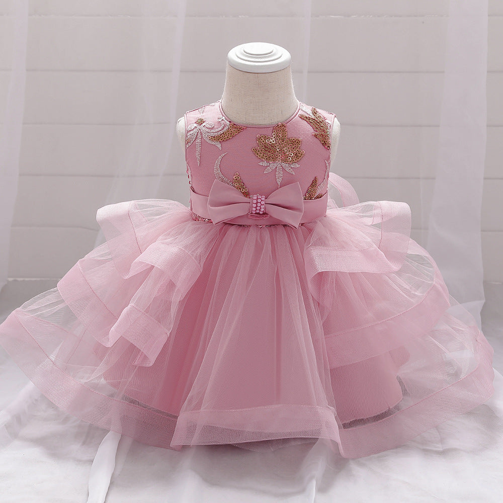 Baby Girl Sequins Patched Design Sleeveless Tutu Style Baptism Birthday Dress