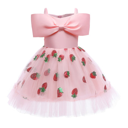 Baby Girl Strawberry Sequins Pattern Bow Tie Design Sling Tutu Formal Dress