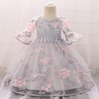 Baby Girl Embroidered Pattern Medium Sleeves One Year Old Tutu Formal Dress