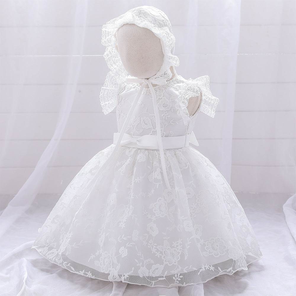 Baby Girl Solid Color Mesh Overlay Design Formal Baptism Birthday Gift Dress With Hat