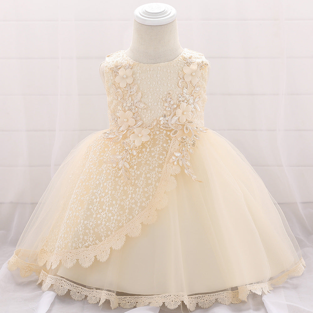 Baby Girl Floral Embroidered Pattern Full Moon Christening Sequins Tutu Dress