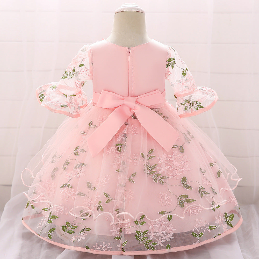 Baby Girl Embroidered Pattern Medium Sleeves One Year Old Tutu Formal Dress