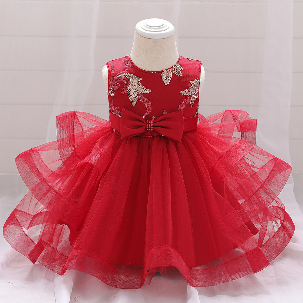 Baby Girl Sequins Patched Design Sleeveless Tutu Style Baptism Birthday Dress