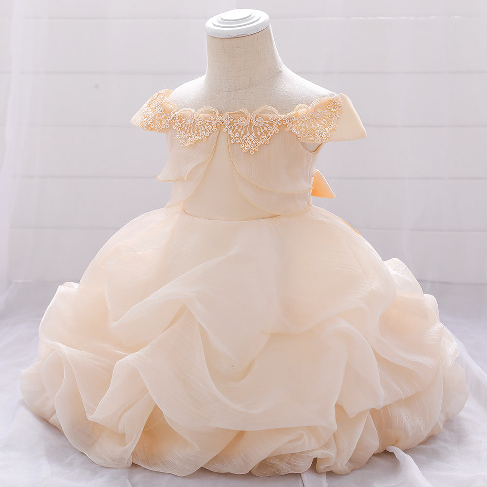 Baby Girl Solid Color One Shoulder Design Tutu Formal Dress Baptism Birthday Dress