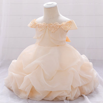 Baby Girl Solid Color One Shoulder Design Tutu Formal Dress Baptism Birthday Dress