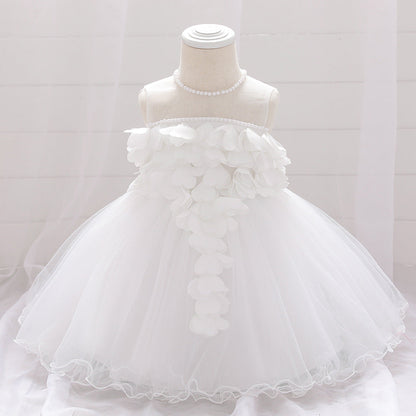 Baby Girl Petal Patched Design Sleeveless Full Moon Christening Mesh Dress