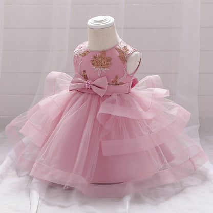 Baby Girl Sequins Patched Design Sleeveless Tutu Style Baptism Birthday Dress