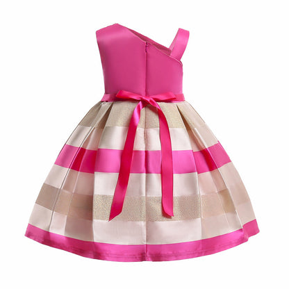 Baby Girl Floral Patched Pattern Striped Tutu Princess Dress One Shoulder Dress