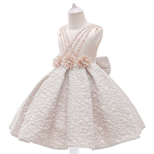 Baby Girl Flower Patched Design Solid Color Sleeveless Princess Formal Dress