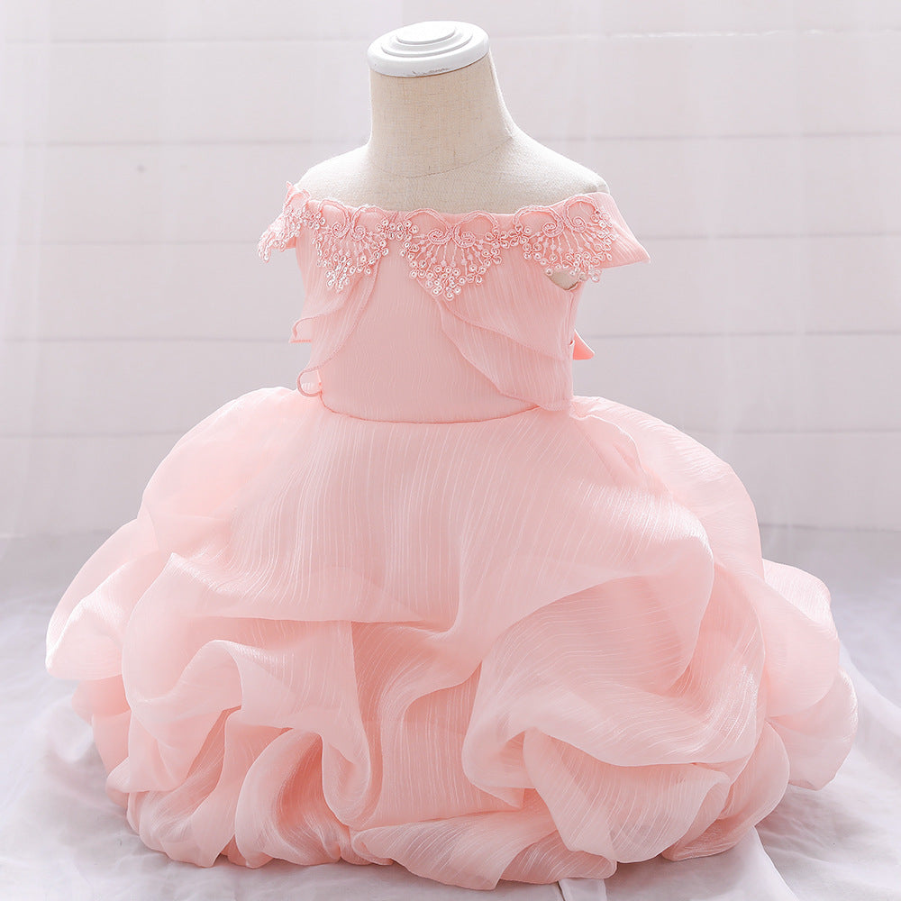 Baby Girl Solid Color One Shoulder Design Tutu Formal Dress Baptism Birthday Dress