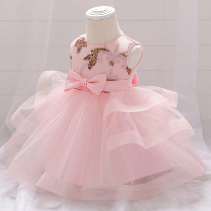 Baby Girl Sequins Patched Design Sleeveless Tutu Style Baptism Birthday Dress