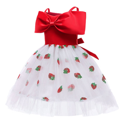 Baby Girl Strawberry Sequins Pattern Bow Tie Design Sling Tutu Formal Dress