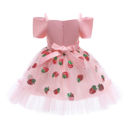 Baby Girl Strawberry Sequins Pattern Bow Tie Design Sling Tutu Formal Dress