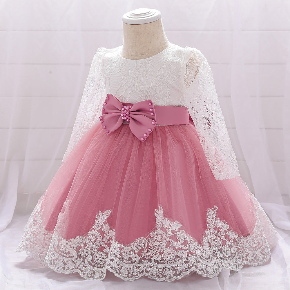 Baby Girl Bow Patched Design Long Sleeves Full Moon Christening Mesh Formal Dress