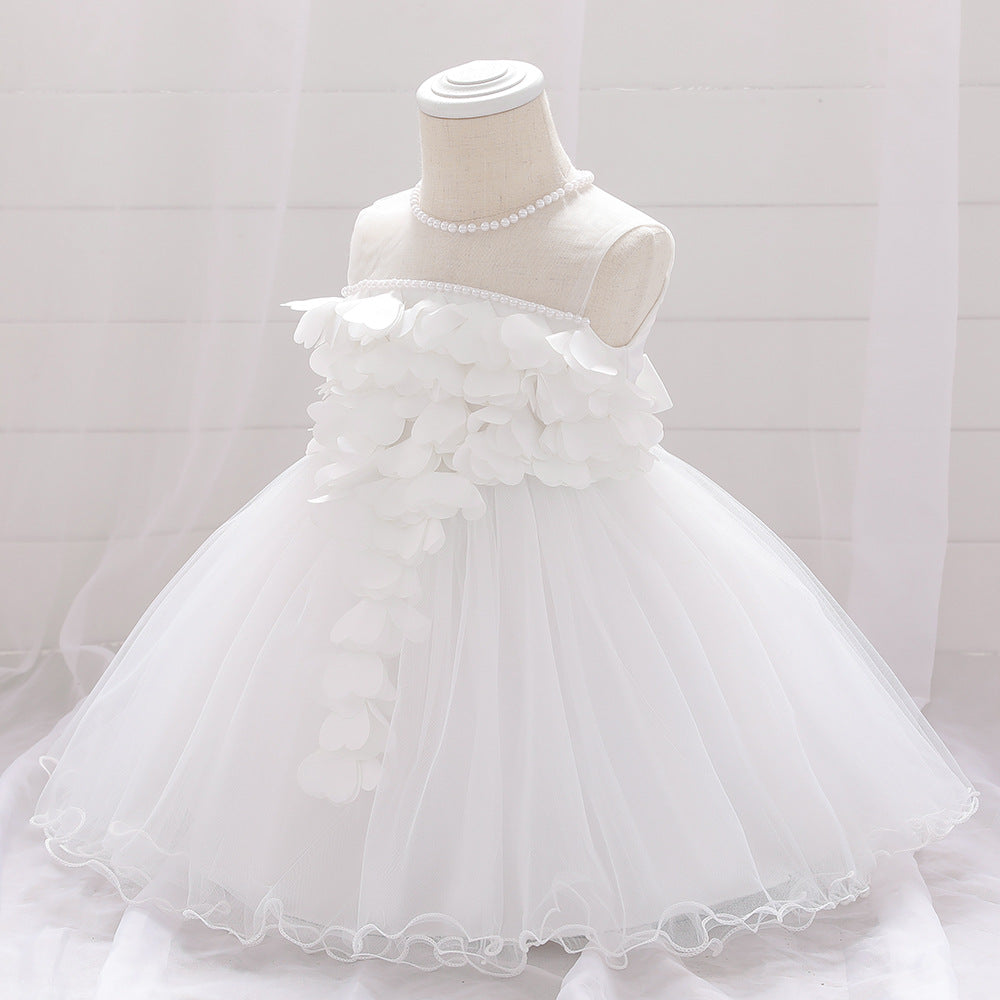 Baby Girl Petal Patched Design Sleeveless Full Moon Christening Mesh Dress