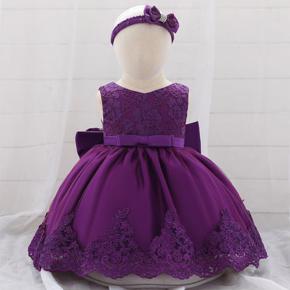 Baby Girl Floral Mesh Overlay Design Princess Full Moon Formal Dress & Headband