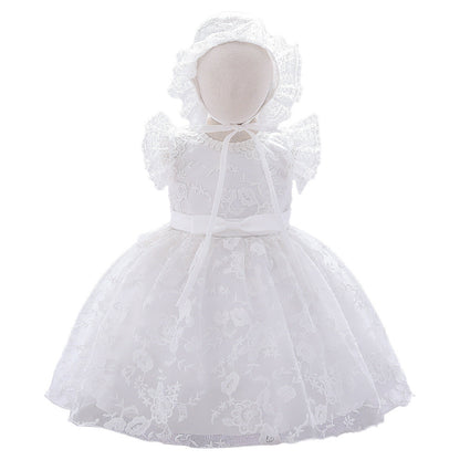 Baby Girl Solid Color Mesh Overlay Design Formal Baptism Birthday Gift Dress With Hat