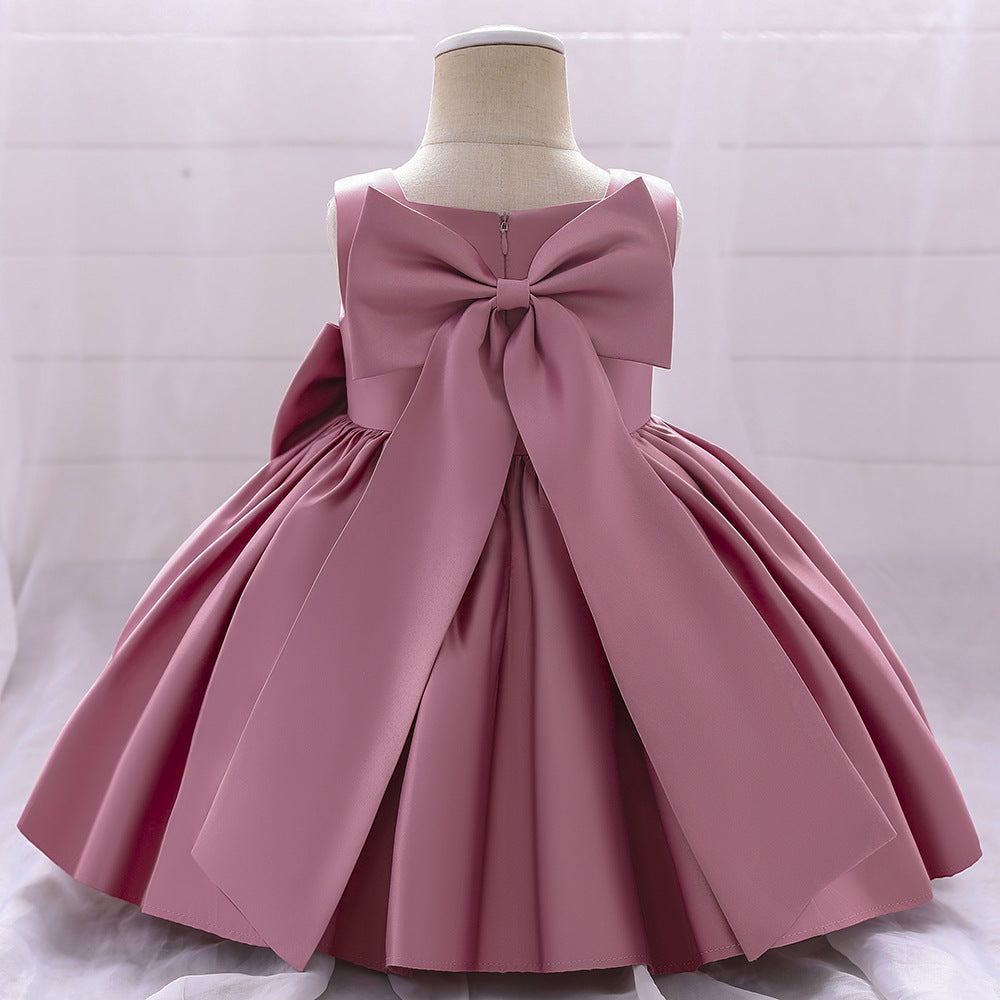 Baby Girl Solid Color Bow Patched Design Sleeveless Western Style Satin Dress