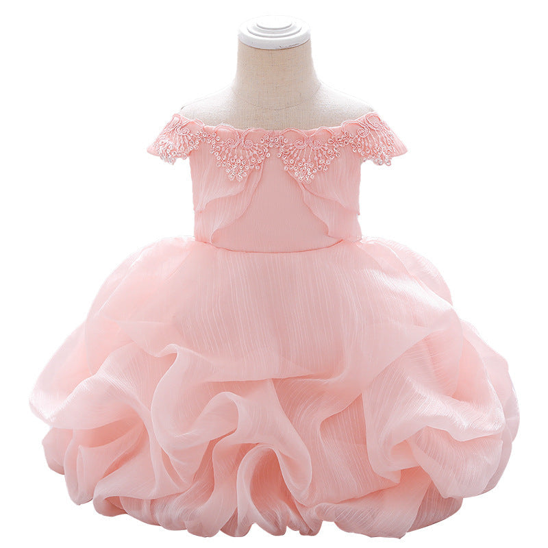 Baby Girl Solid Color One Shoulder Design Tutu Formal Dress Baptism Birthday Dress