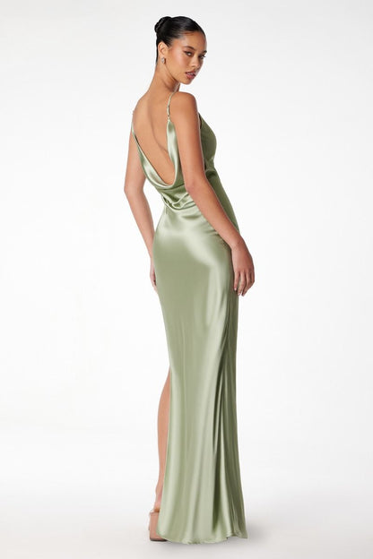 Mermaid dress with spaghetti straps, U-shaped back, leg opening