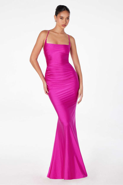 Mermaid dress with square neckline, spaghetti straps and corset back