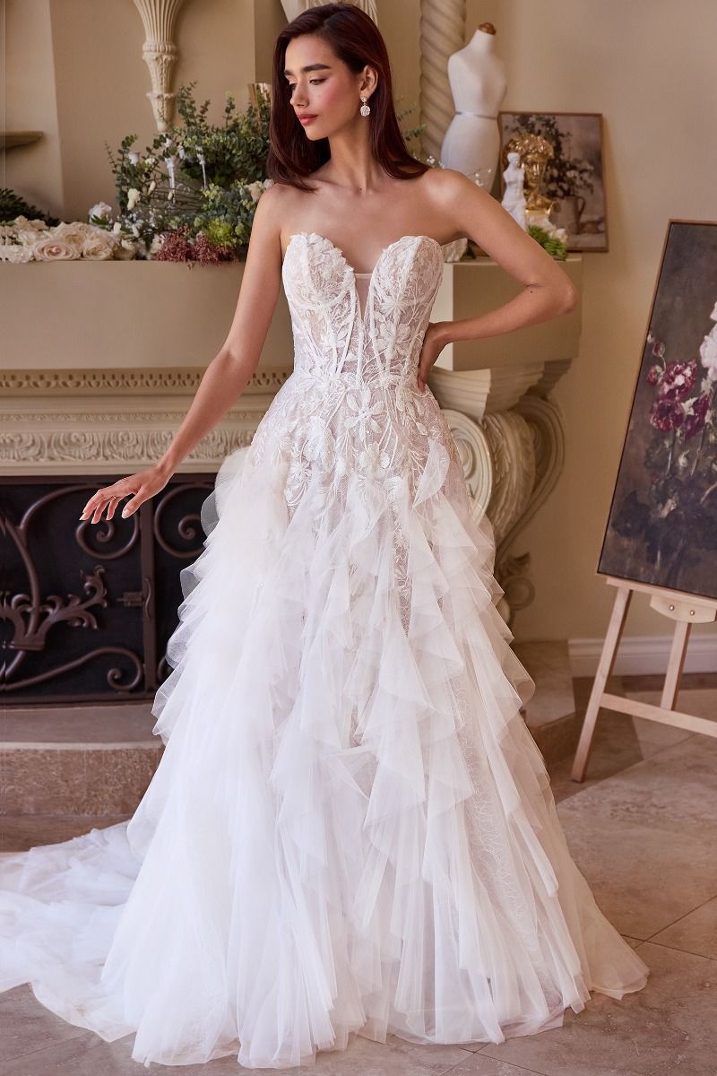 Strapless Drop Waist Cascading Wedding Dress