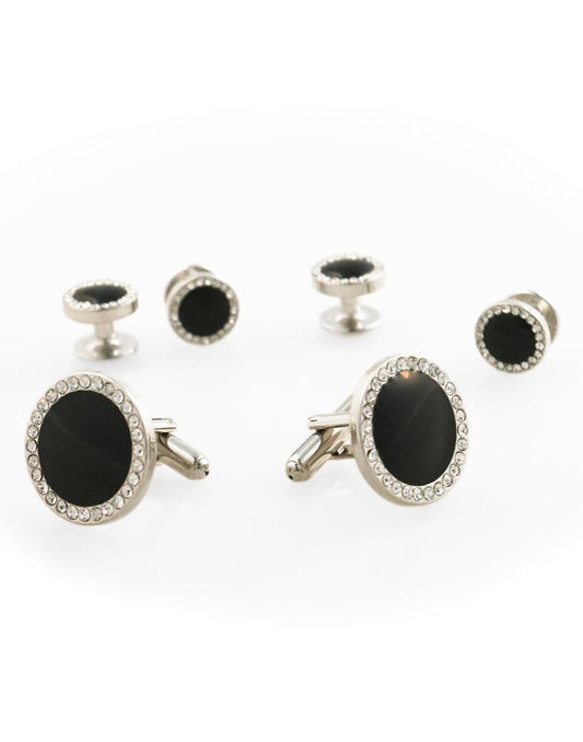 Black Circular Enamel with CZ Border Silver Edge Studs and 