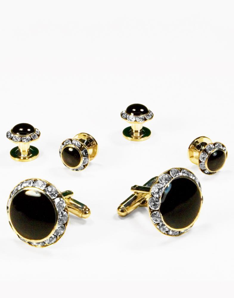 Black Circular Enamel with Rhinestones Gold or Silver Edge 