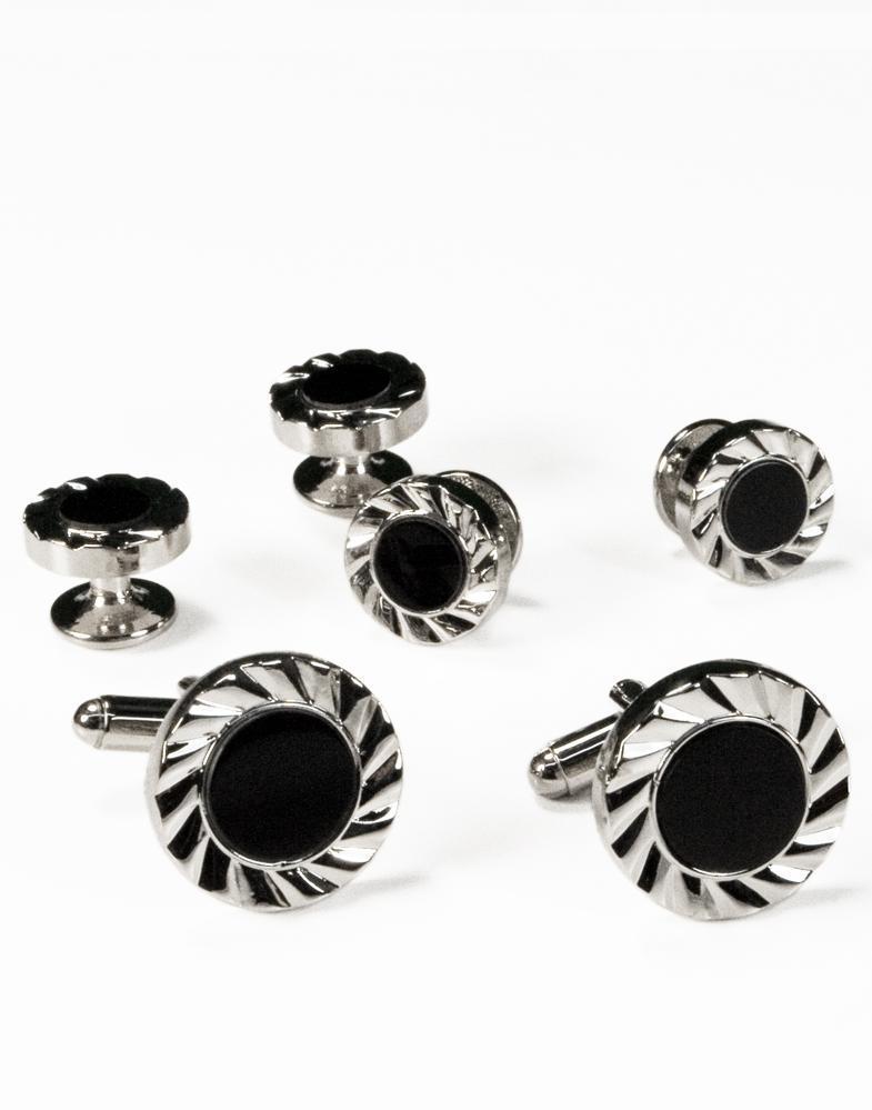 Black Circular Onyx with Gold or Silver Fan Cut Edge Studs 